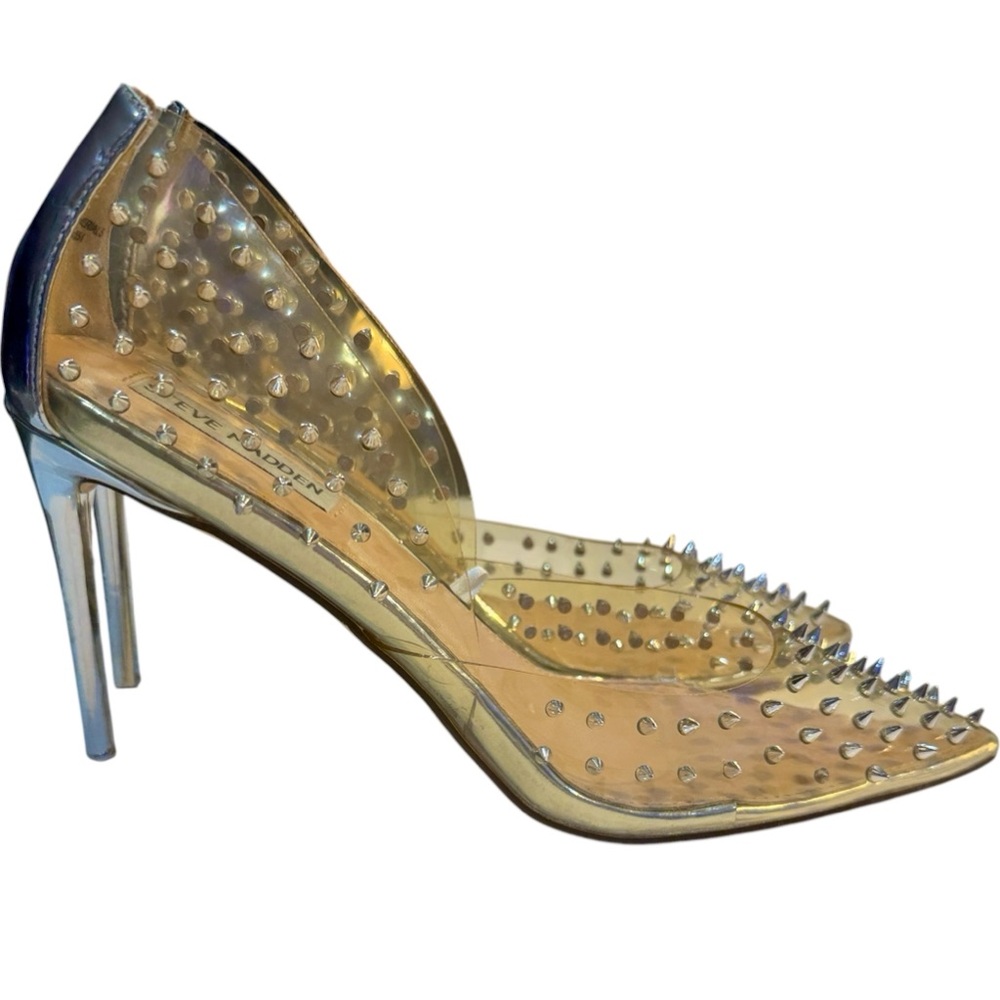 Steve Madden Vala Clear Silver Spiked Studded Pointed Toe Pumps Heels Size 8.5 - Picture 2 of 9